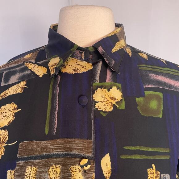 Vintage Blouse Top Size Medium Purple Green Boho Art Print Long Sleeve Button - Picture 3 of 12